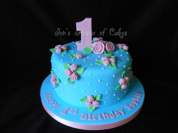 Blue & Pink Roses 1st Birthday Cake