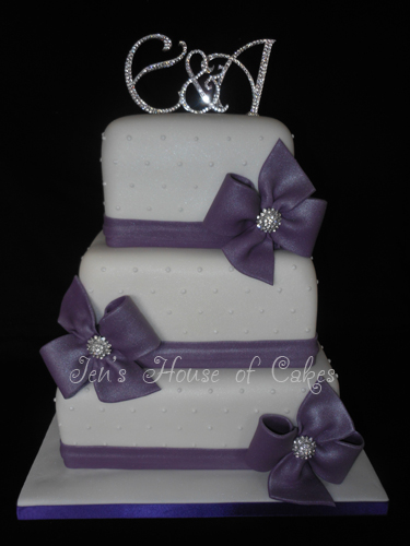 3 Tier Purple Bows & Monogram Wedding Cake