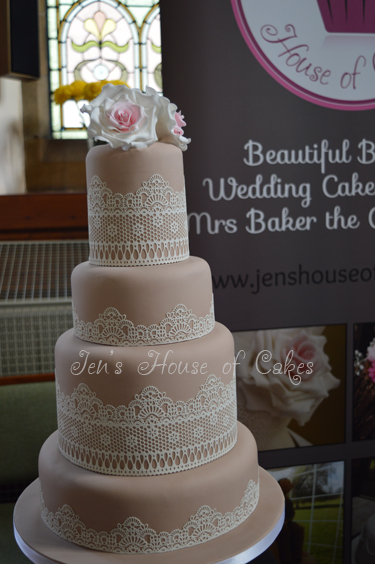 4 tier coffee coloured edible lace wedding cake