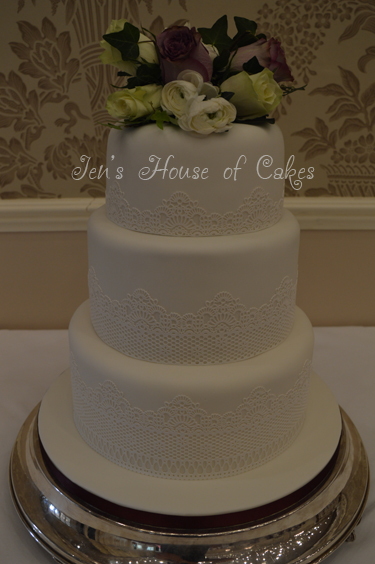 Lace & Real Roses Wedding Cake