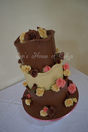 Milk, White, Milk Chocolate Wedding Cake with Chocolate Roses